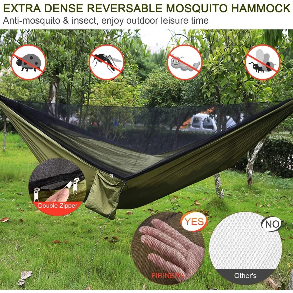 Camping Hammock with Rain Fly Tarp and Mosquito Net Portable Single Double Hammock Tent with Tree Strap Backpacking Hammock