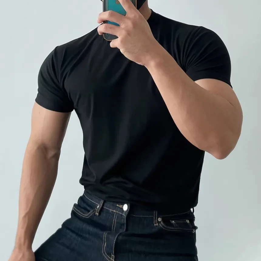 British Men Summer T-shirt Round Neck Slim Short-sleeved Solid Color Versatile Casual Top