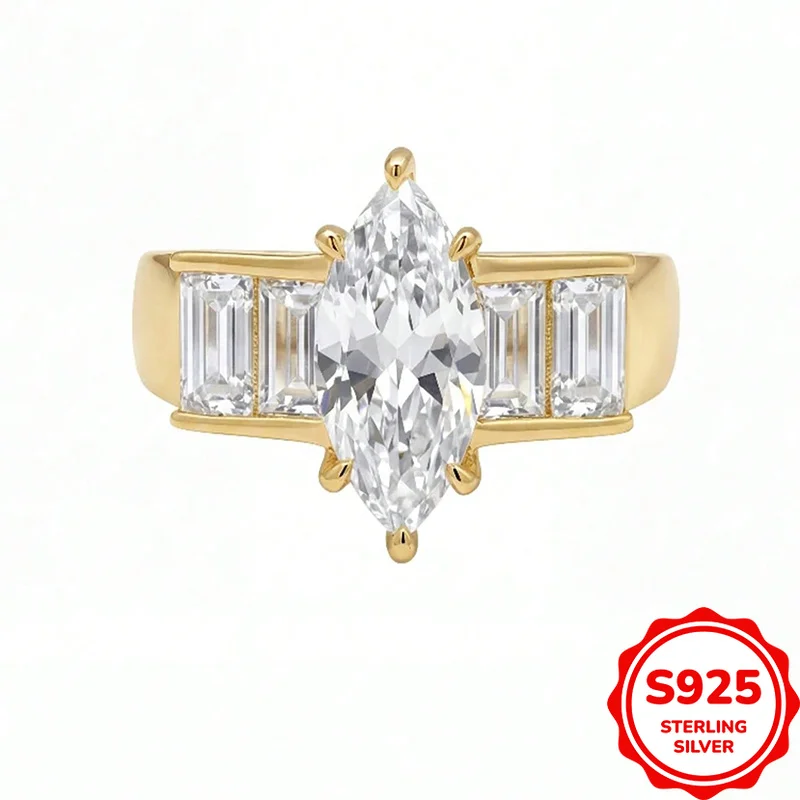 Creative and Personalized Genuine S925 Silver Marquise Zircon Ultra-flash Women's Wedding Ring Trendy and Versatile