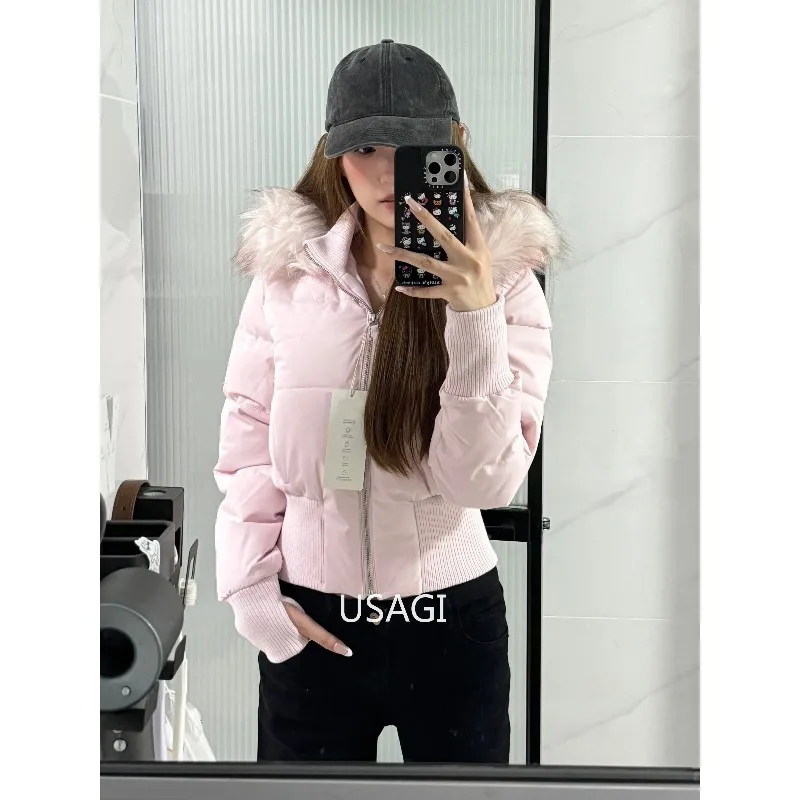 

Retro American Pink Fur Collar Hooded Short Cotton Coat Fashion High Street Fur Collar Hooded Cotton Coat Winter Jacket Women