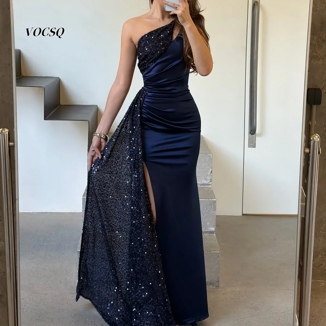 Prom Dress Navy Satin Sequin Patchwork Mermaid Maxi Dress One Shoulder Side Split Lace Up Back Gala Party Gown Customized