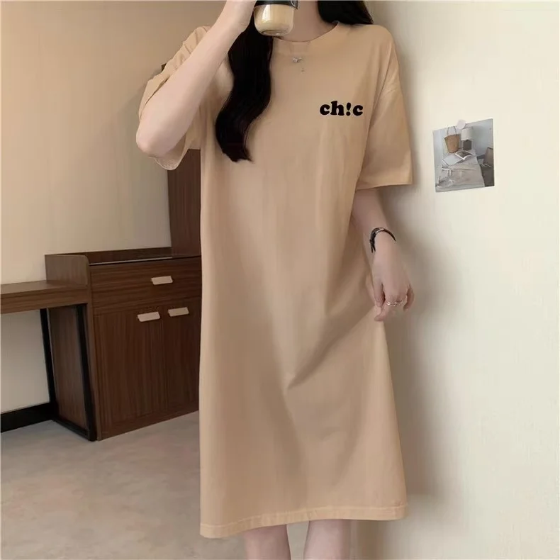 T-shirt ample mi-long avec fentes, jupe d'été coréenne en Fiber de Polyester pour femmes, ronde Ne ort Sve Dr