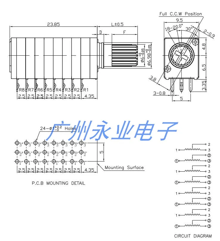 1 Piece RK097 8 Link Precision Volume Adjustable Potentiometer B50K 24 Feet Adjustable Resistance B503 8 Channel Shaft 15MM