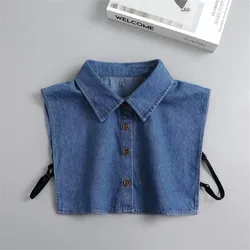 Women's Blue Washed Denim Pointed Collar Fake Collar, Professional Casual Versatile Decoration Half Shirt Style Collar