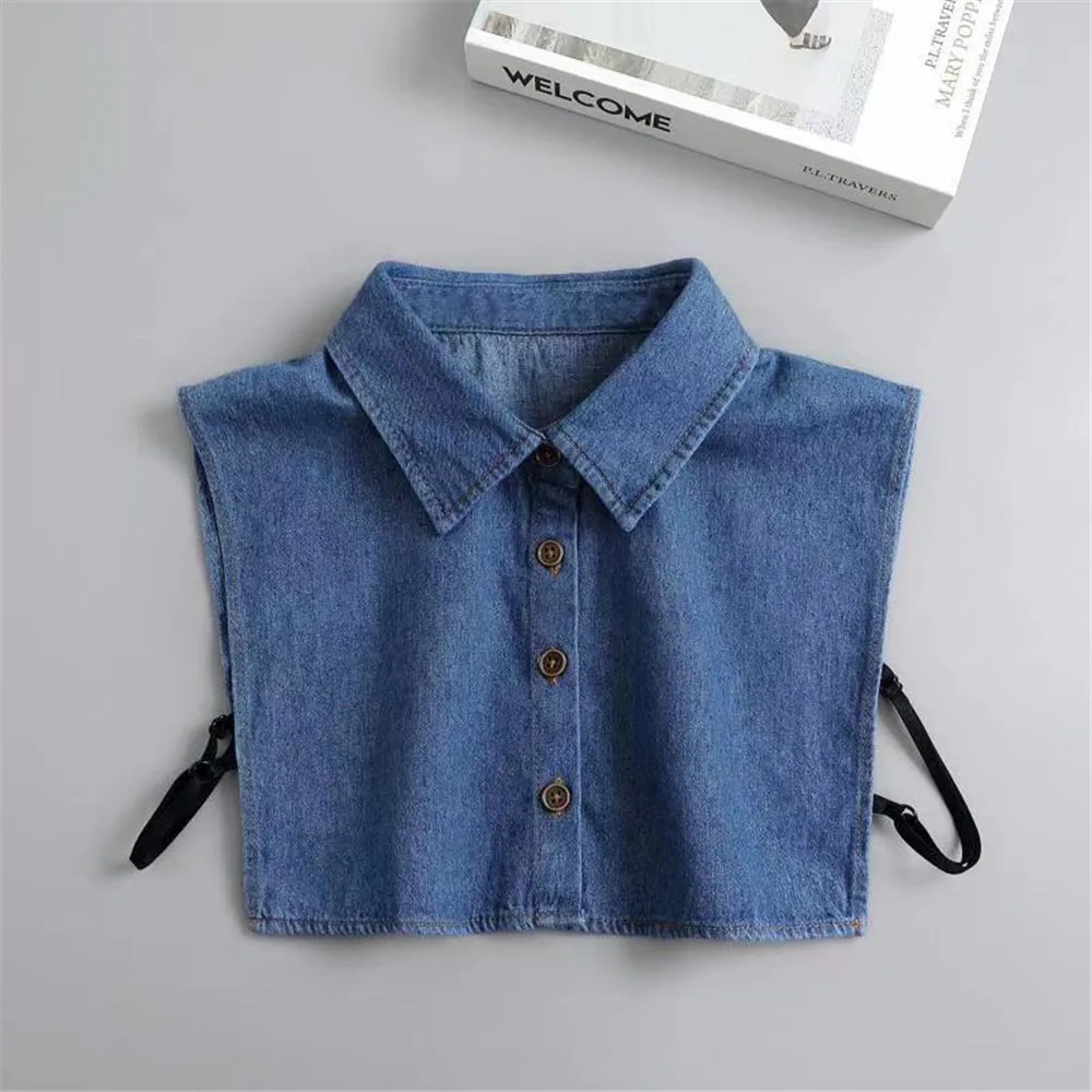 Women's Blue Washed Denim Pointed Collar Fake Collar, Professional Casual Versatile Decoration Half Shirt Style Collar