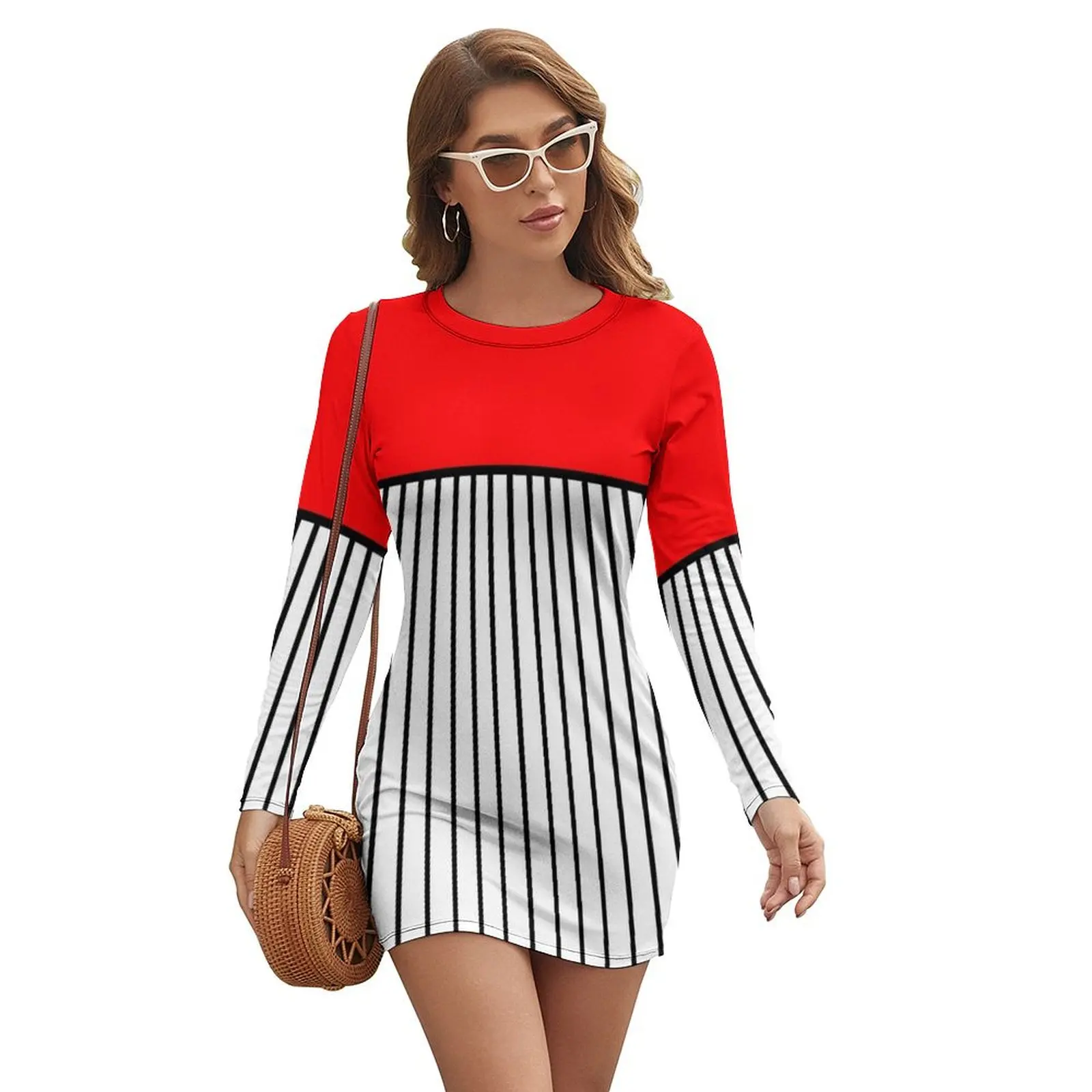 

Preppy Geometric Block Design Long-sleeved Dress Women's summer skirt long sleeve dress