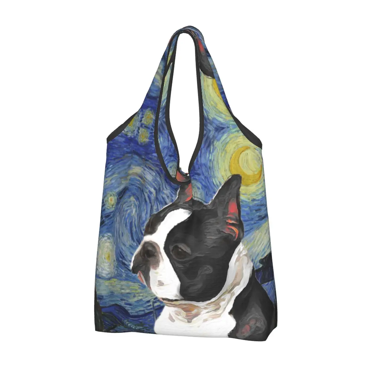 

Boston Terrier Art Van Gogh Starry Night Grocery Tote Shopping Bags Fashion Puppy Dog Art Animal Shopper Shoulder Bag Handbags