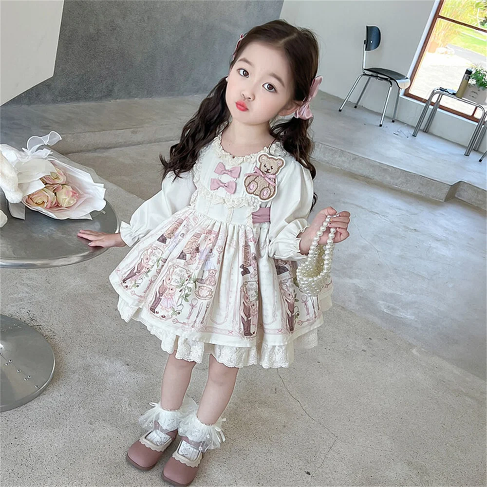 

2311, осеннее детское платье, кружевная юбка, сетчатая юбка с изображением медвежонка, платье с длинными рукавами для девочек, юбка принцессы, пышная юбка, платье