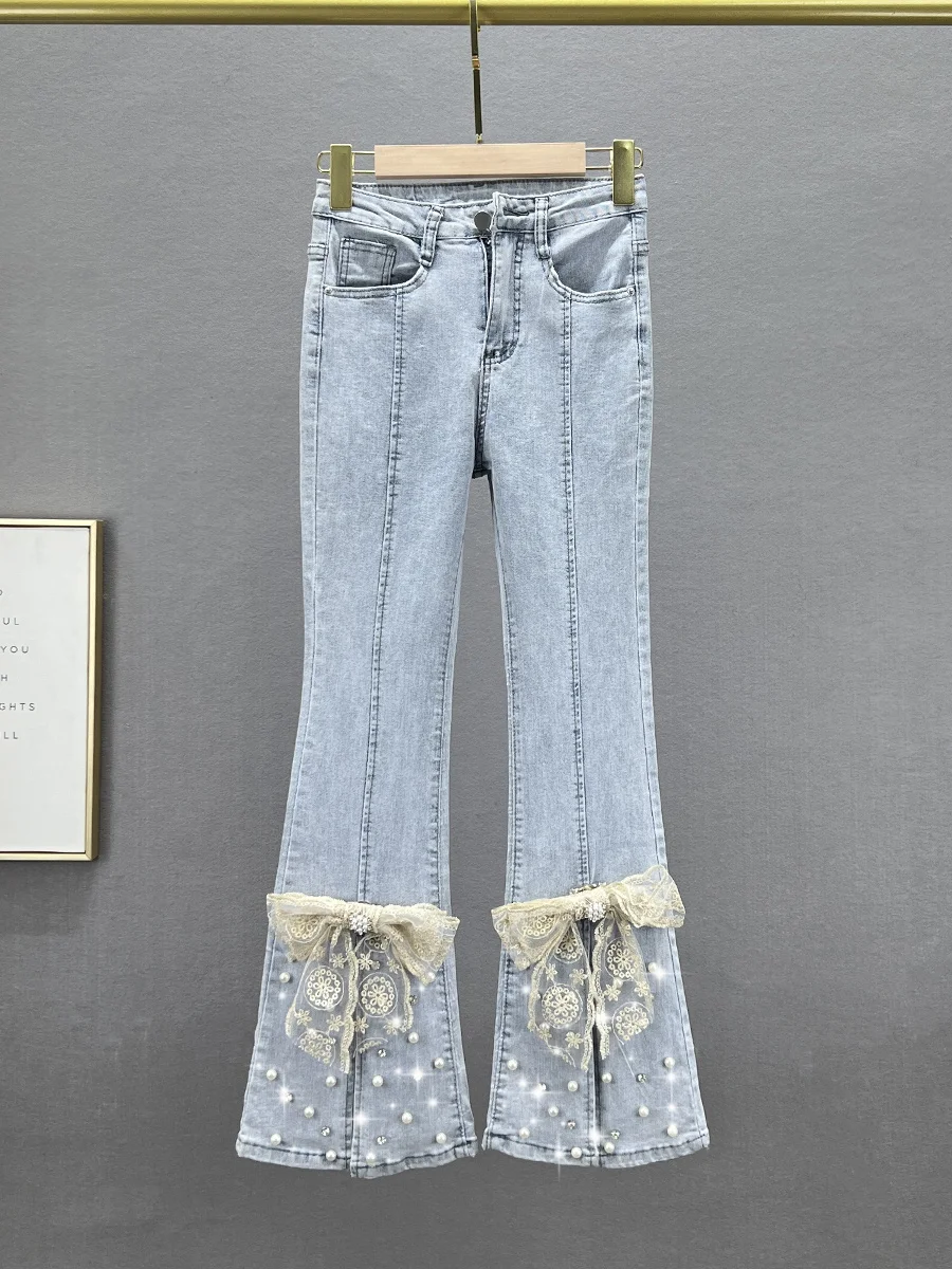 

Женские джинсы с высокой талией, облегающие, с декором из страз, с разрезами, летние 2023, из хлопка, стрейч, буткат, укороченные (7/8)