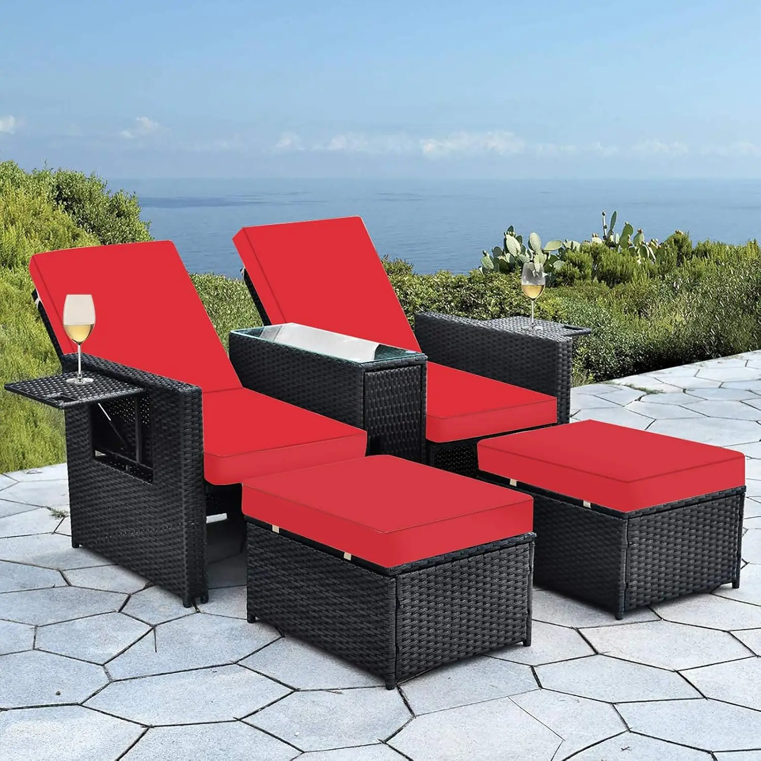 

Patio Wicker Loveseat - Outdoor Rattan Sofa Set with Cushion - Adjustable Lounge Chair with Ottoman Footrest, Wicker Furniture