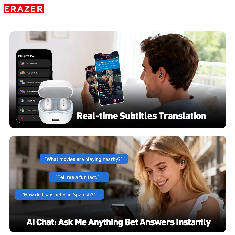 ERAZER XF65PRO ANC Wireless Earbuds Noise Cancelling Bluetooth Earphones With Mic Real-Time Translation HiFi Stereo Headphones