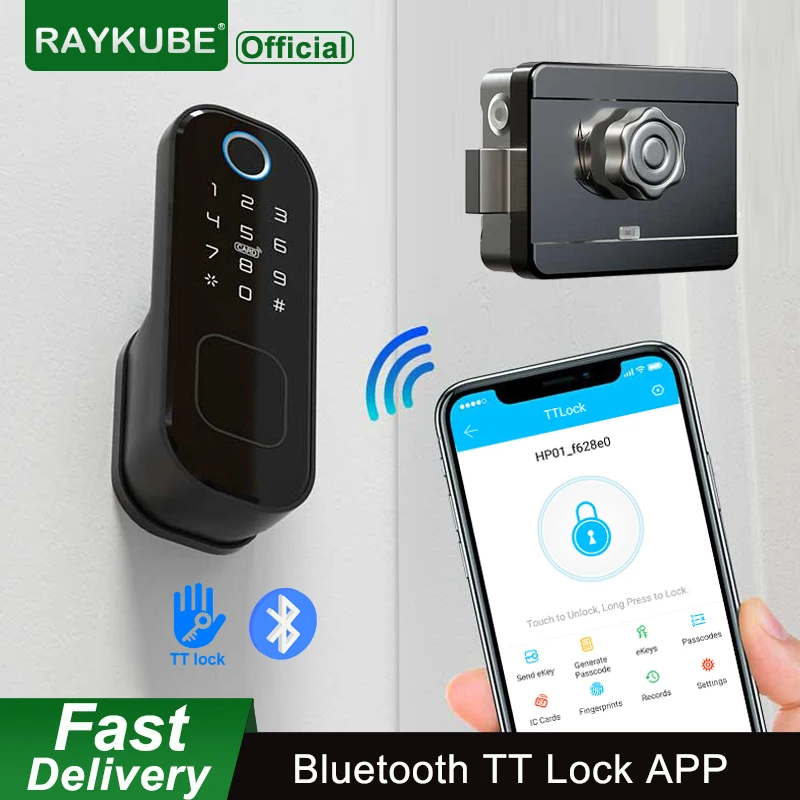 RAYKUBE Fingeprint Door Lock With Bluetooth TT Lock APP Password Smart Card 13.56mhz IC Work With Gateway Wifi Alexa T03