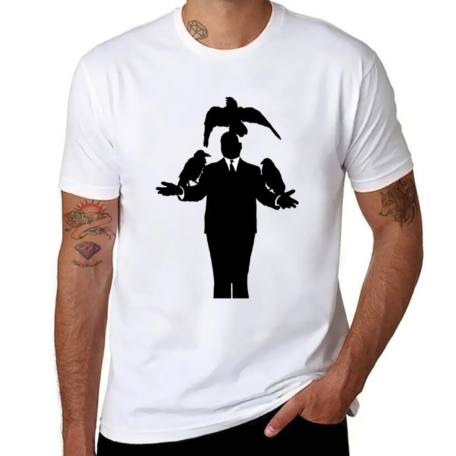 

Alfred Hitchcock with crows T-Shirt anime t shirts oversize man t shirt cotton high quality T-Shirt
