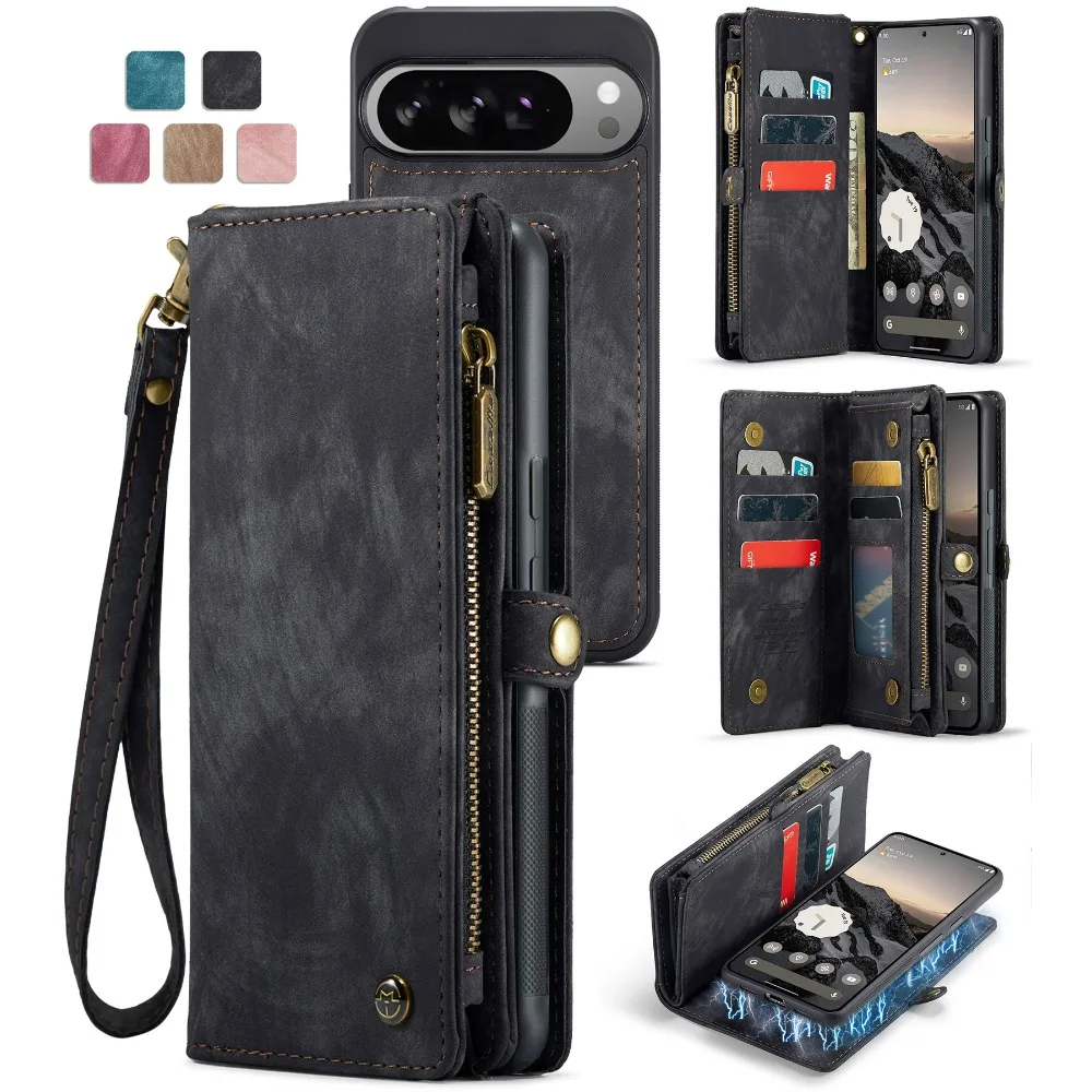

Case for Google Pixel 10 9 8 7 6 Pro XL 9A 8A 7A Wallet Card Holder Zipper Strap PU Leather Flip with Pen Block Cover