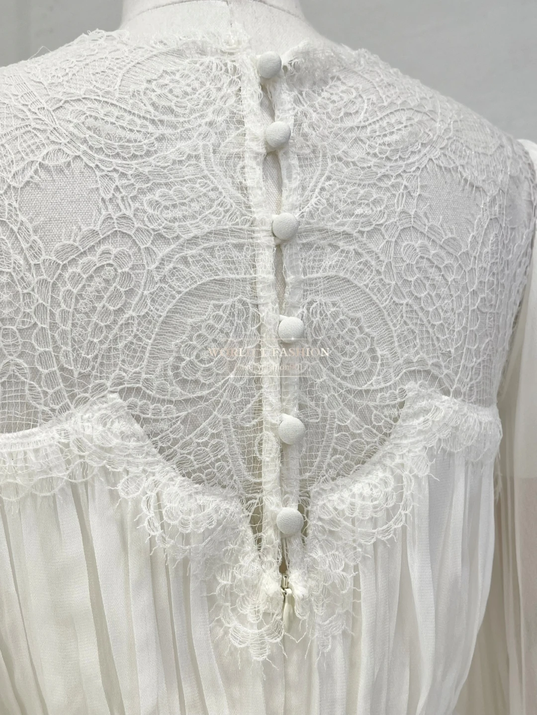 

2025 New Beautiful White Long Sleeve Lace Hollow Out Patchwork Lantern Sleeves Midi Dress