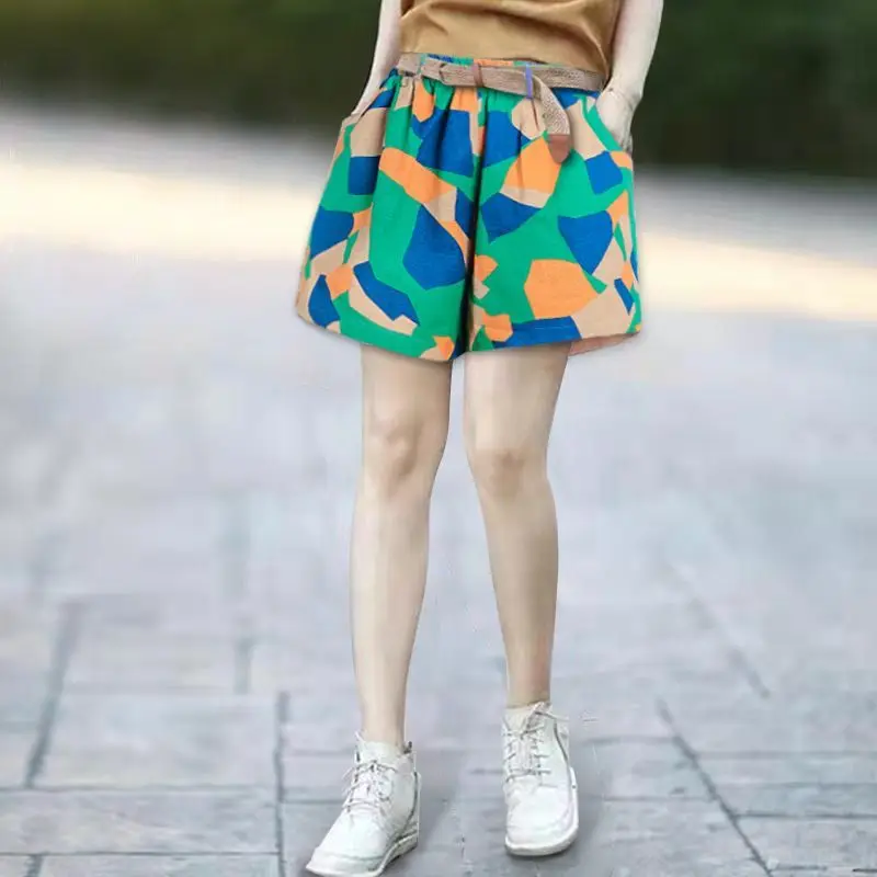Loose Vintage Women's High Waist Pockets Printed Shorts Summer Simplicity Casual Belt Wide Leg Shorts Fashion Female Clothing
