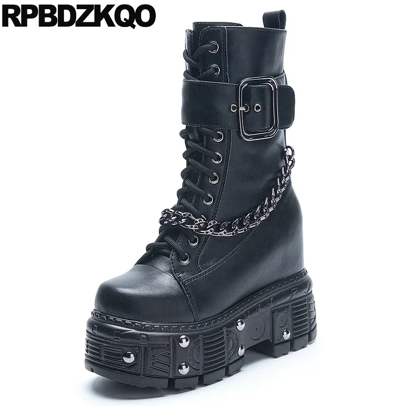 Army Stud Elevator Combat Side Zip Shoes Military Lace Up Ultra High Heels Boots Women Rock Chain Fur Biker Mid Calf Thick Belts