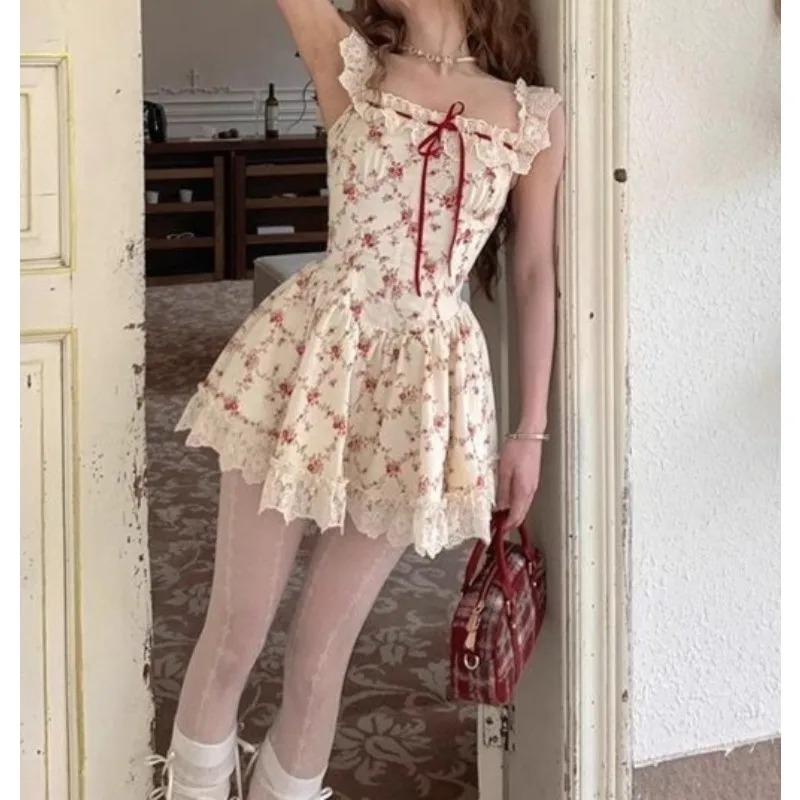 

Lace-up Lace Floral Suspender Dress Summer Vacation Skirt