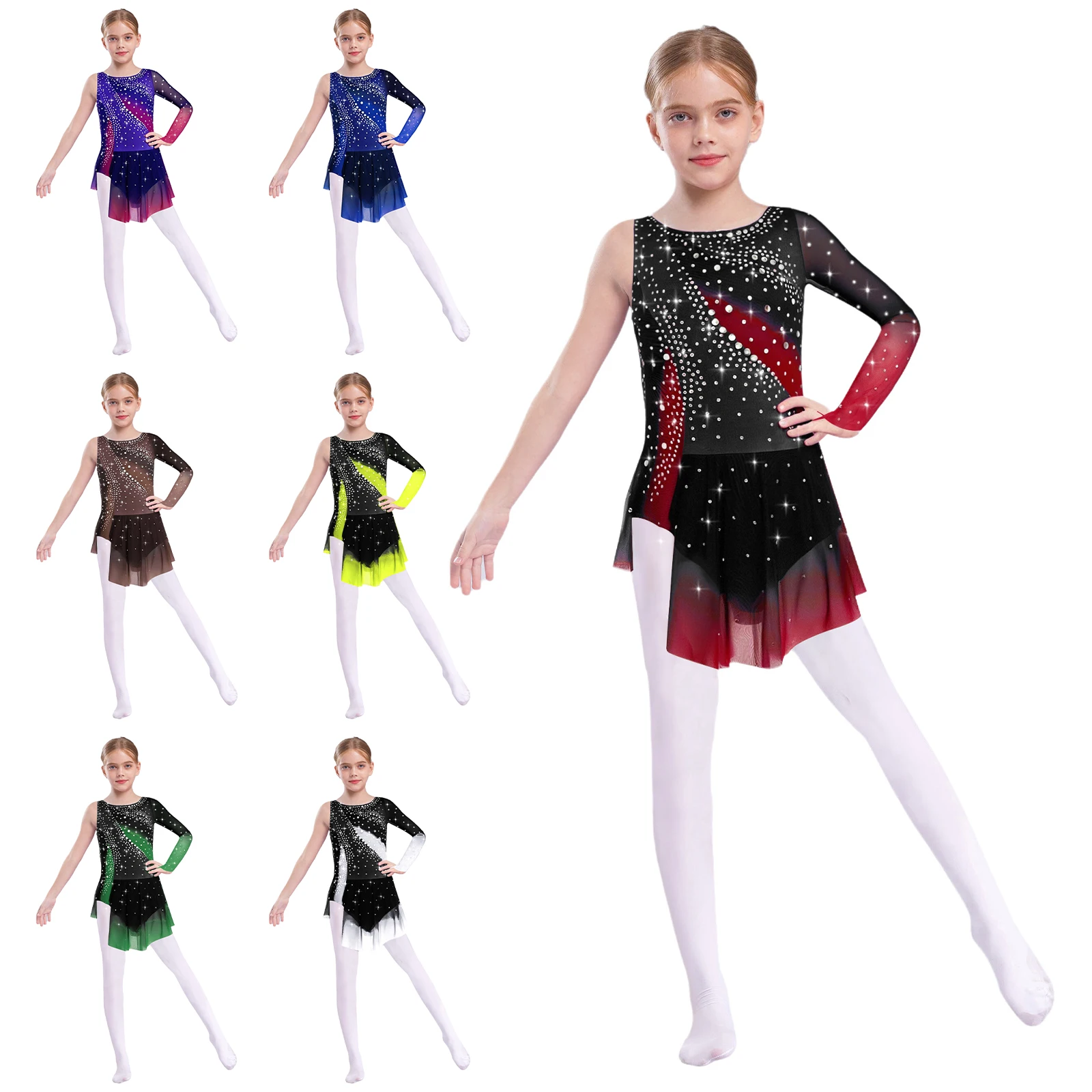 Enfants filles patinage artistique gymnastique rythmique justaucorps acrobatie Costume col rond asymétrique fendu brillant strass robe