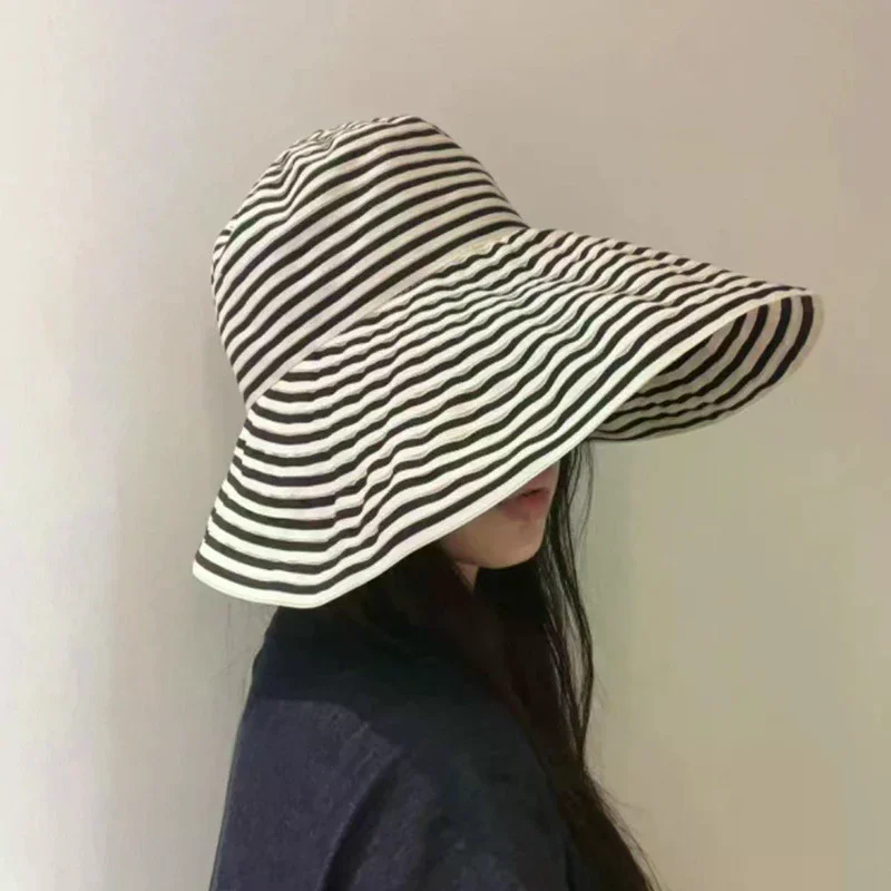 Fashion Wide Brim Foldable Summer Striped Fisherman Hat Windproof Anti-UV Sun Cap Outing Beach Hat Breathable Hat