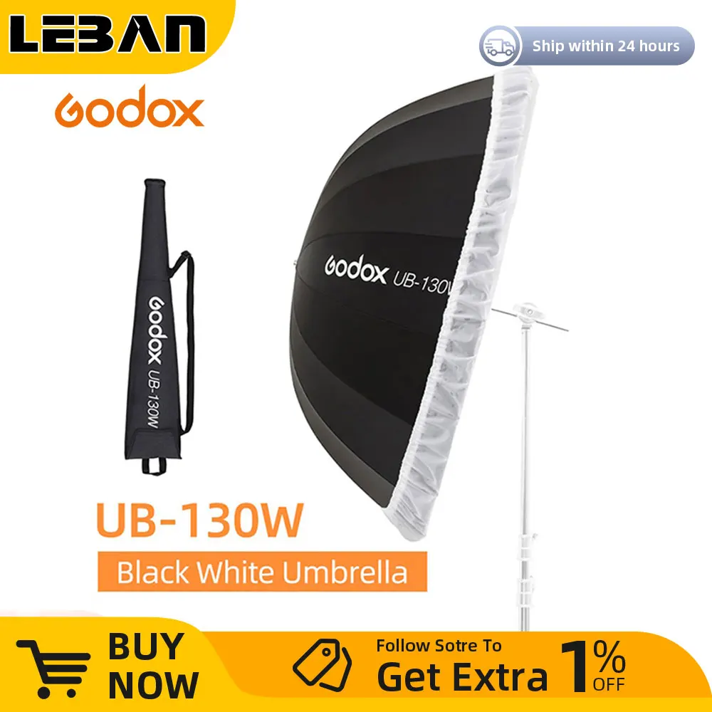 Godox UB-130W 51in 130cm Parabolic Black White Reflective Umbrella Studio Light Umbrella with Black Silver Diffuser Cover Cloth