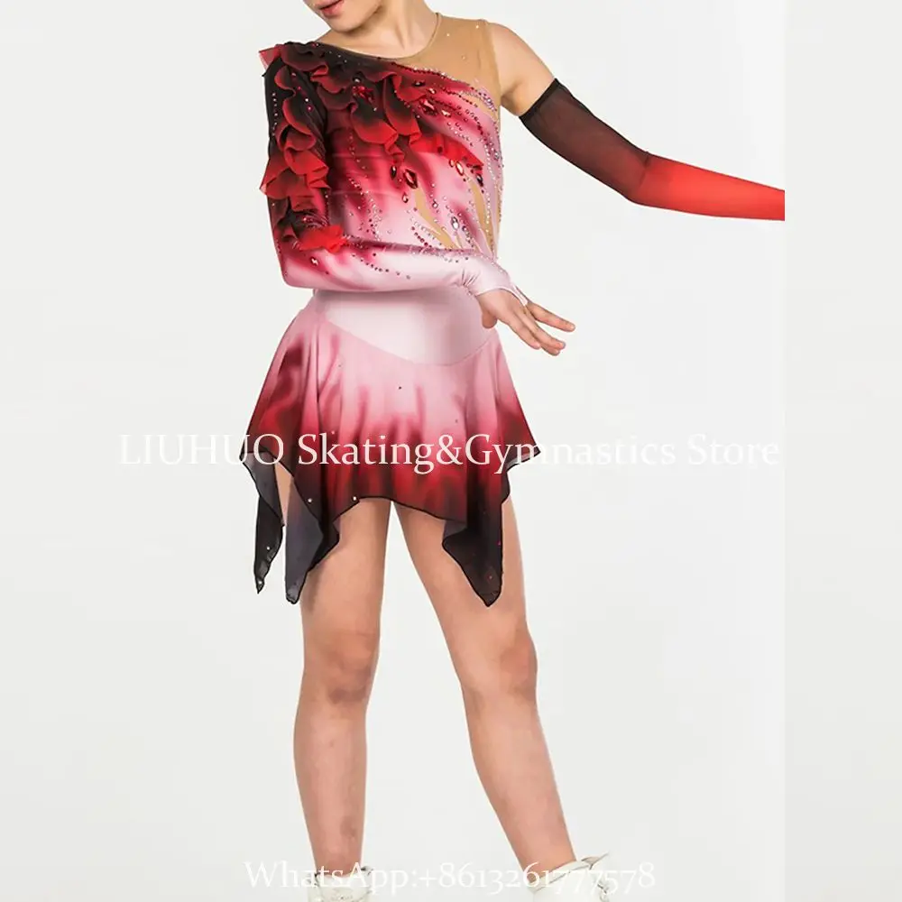 Ice Skating Dress Women's Girls' Fancy Figure Skating Dress Red Spandex High Elasticity Competition Skating Wear Handmade