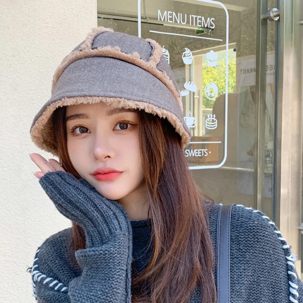 

Корейская плюшевая рыбацкая шляпа, шляпа художника, шляпа Lei Feng, широкополая теплая шапка для женщин, осенне-зимняя шляпа-ведро, головной убор