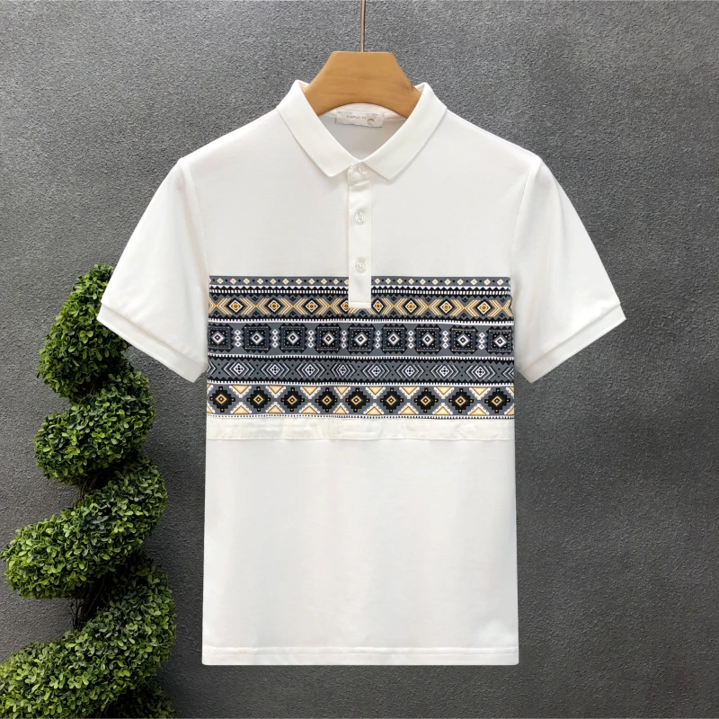 

Men's 2024 New Summer Patchwork Polo Shirt Button Printing Fashion Slim Minimalist Geometric Casual Short Sleeved T-shirt Tops