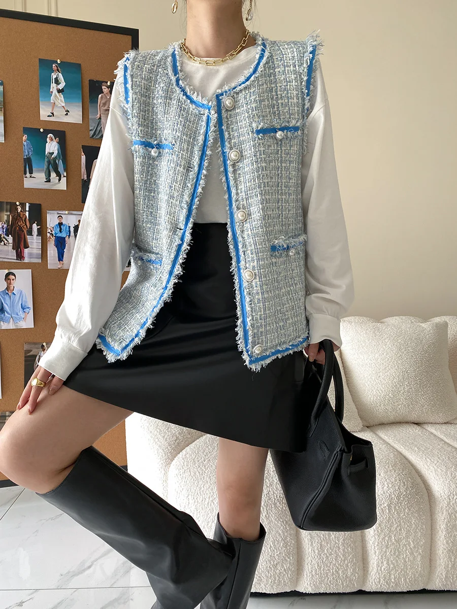 

Women's Winter Autumn New Vintage Fur Edge Tweed Vest Coat High Quality Waistcoat