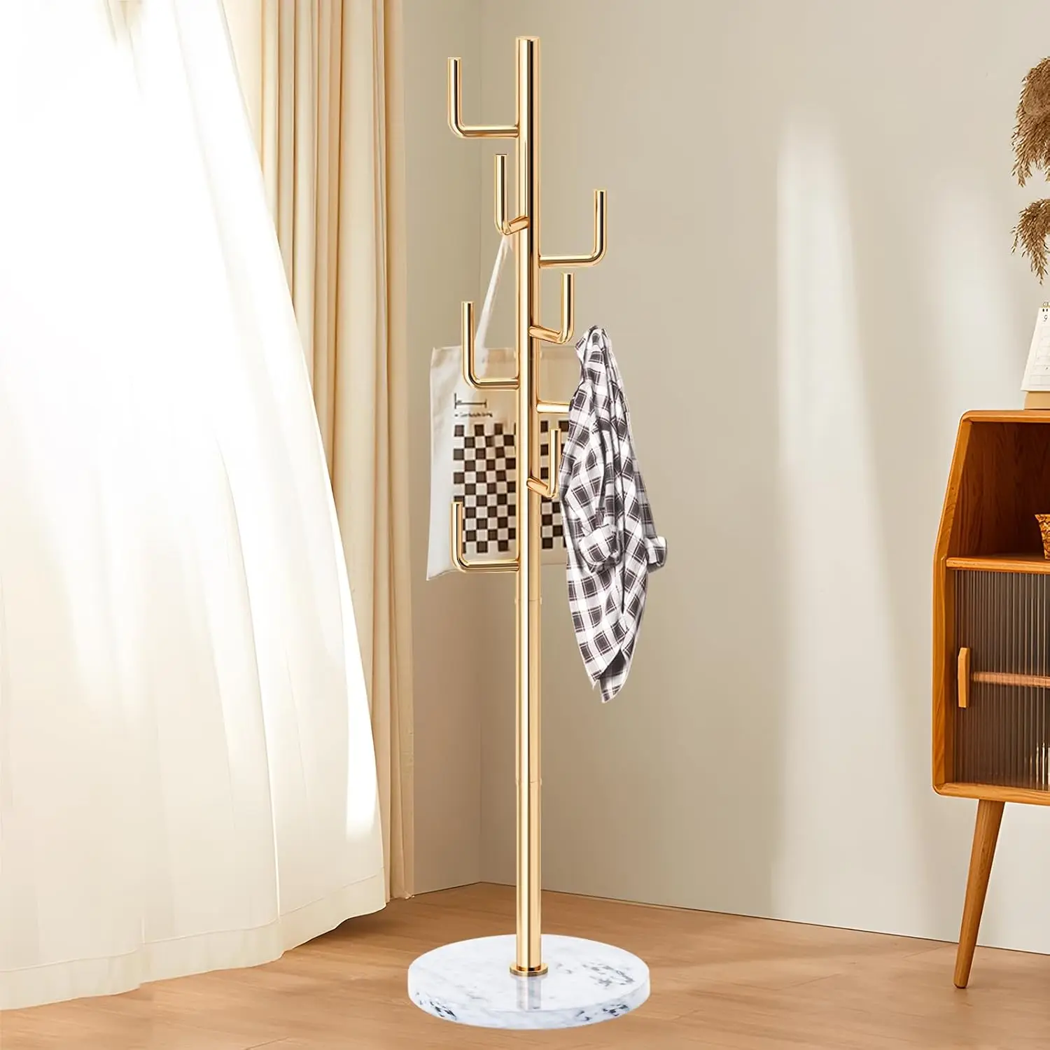Modern Metal Coat Rack Stand with Natural Marble Base, Heavy Duty Coat Rack Freestanding with 8 Hooks, Golden Cactus Sta