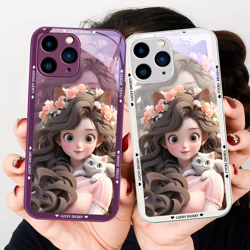 A Girl with Long Curled Hair and A Cat for Iphone 14 13 12 11 Pro Max X XS XR 7 8 Plus 2020 2022 SE Silver Glass Phone Case