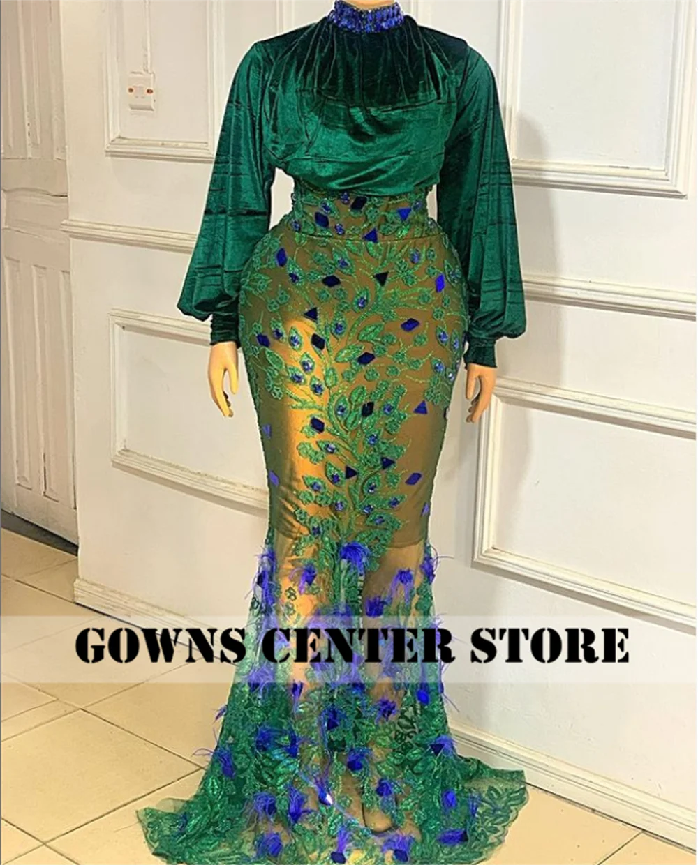 Vestidos de Noche Aso Ebi de sirena de terciopelo verde, manga abombada africana, boda, pluma azul real, pieza de lentejuelas, vestido Formal personalizado