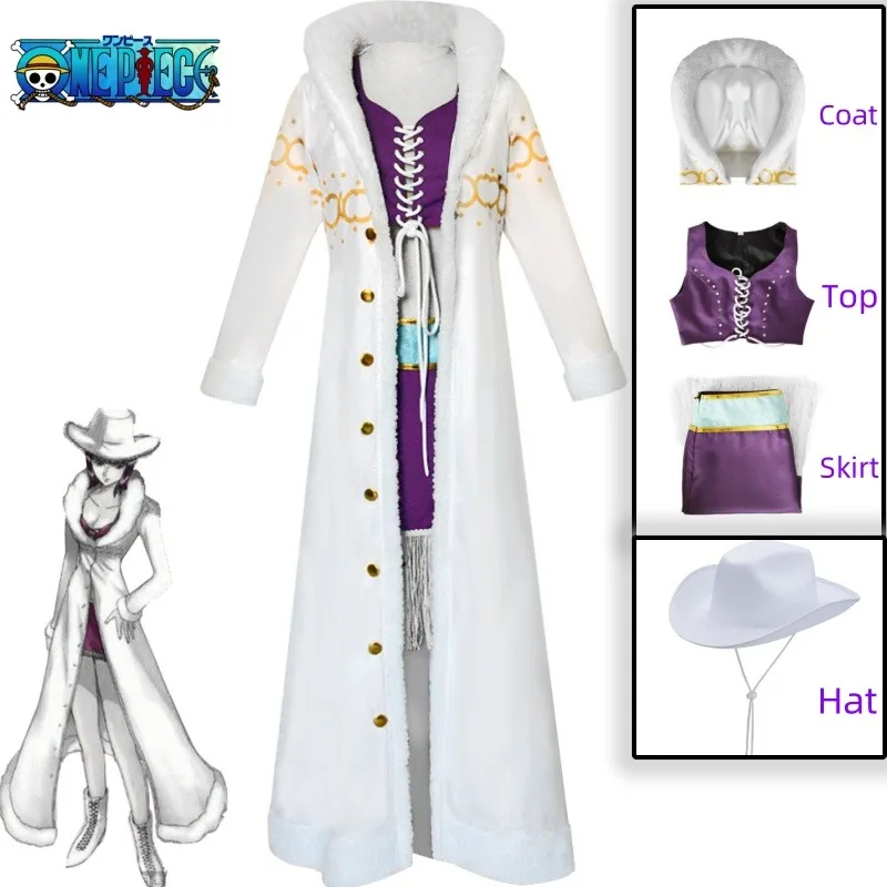 

Nico Robin anime ONE PIECE cosplay costume Purple Dress Uniform Long Fur Collar White Cloak Punk Outfit halloween costume women