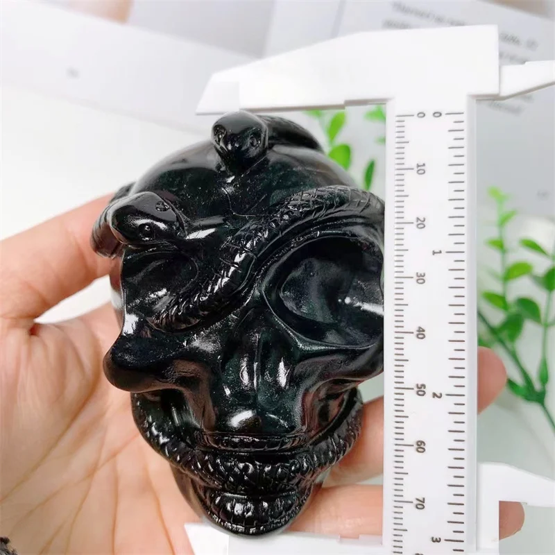 8cm Natural High Quality Crystal Black Obsidian Snake Skull Hand Carved Crafts For Halloween Decoration Gift 1pcs