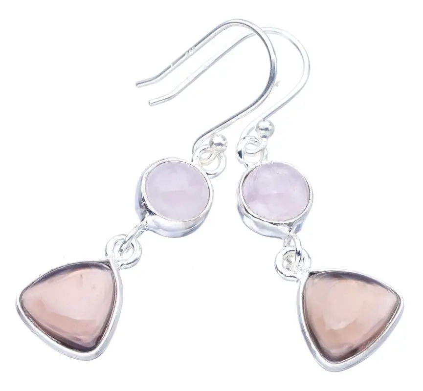 StarGems® Natural Smoky Quartz Rose QuartzHandmade 925 Sterling Silver Earrings 1.5