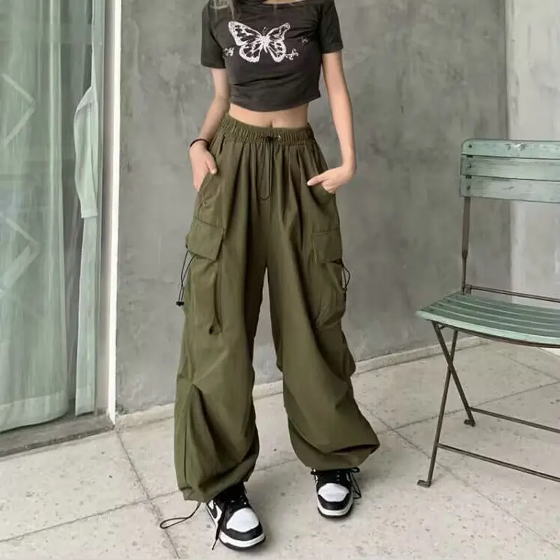 Women Big Pockets Cargo Pants Y2K Harajuku Drawstring Oversized Pants Female Street Style Solid Sweatpants Joggers Trousers