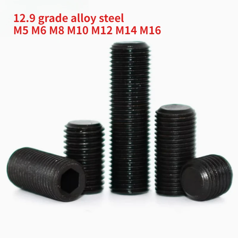 10-100pcs M5 M6 M8 M10 M12 M14 M16 DIN913 Black Grade 12.9 Steel fine tooth hexagonal flat end set screw Length 4mm-40mm