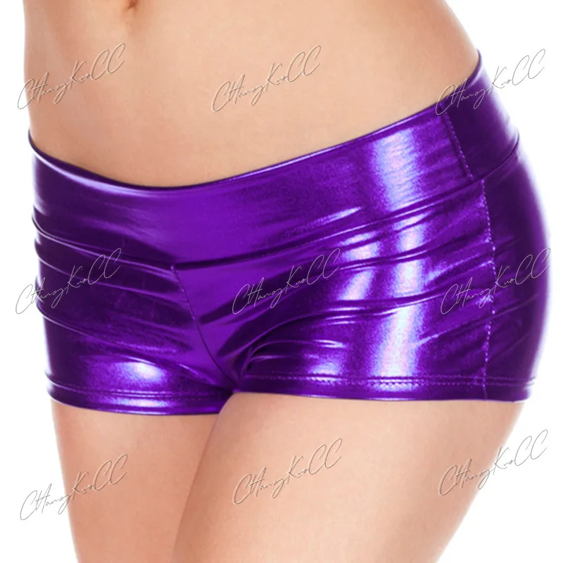 Woman Sexy Shorts Shiny PU Mid Waist  Adult Purple Blue Red Silver Metallic Rave Booty Dance Leather Shorts S-2XL