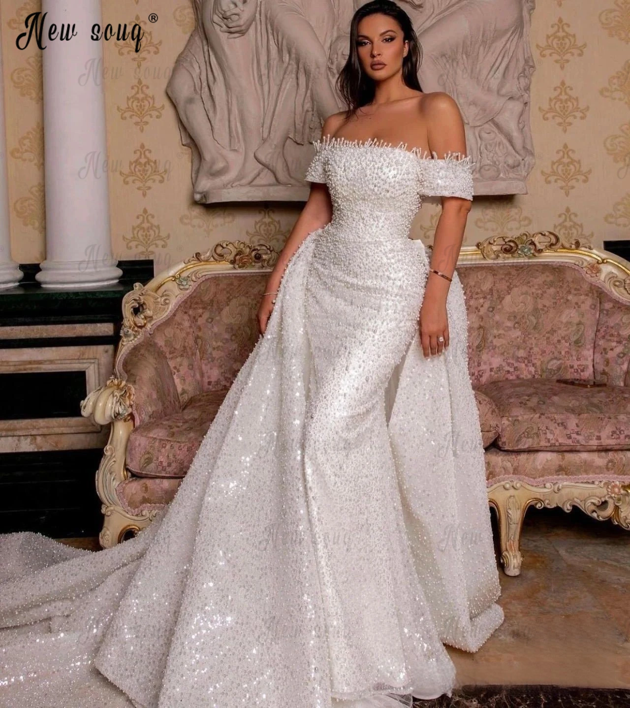 Robe de mariée de luxe personnalisée avec perles complètes, col bateau, poignées ouvertes, patients de train amovibles, tout ce qui est pour les femmes de Dubaï, le plus récent, 2024