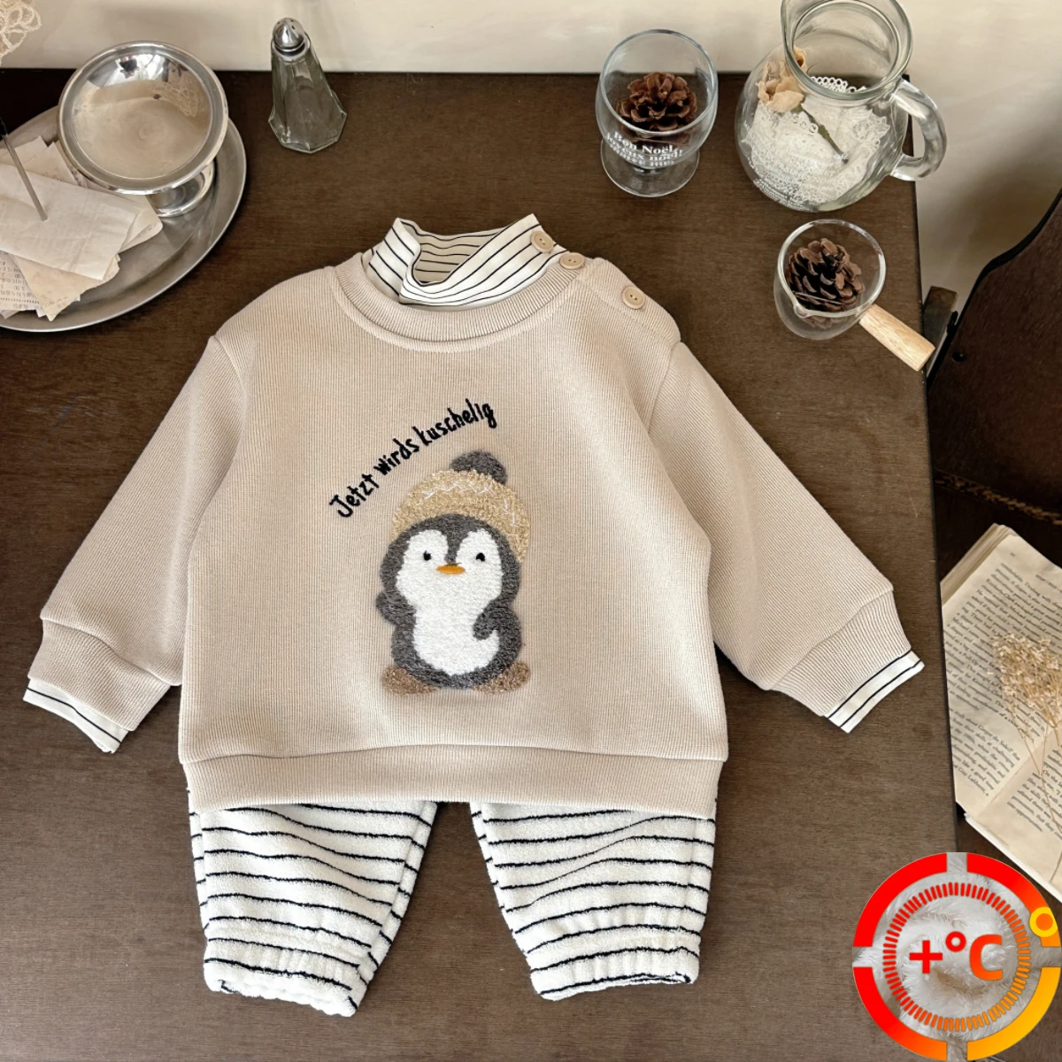 

Newborn Baby Girls Boys Clothing Set High Neck Penguin Embroidery Sweatshirt +striped Pants 2PCS Outfits Toddler