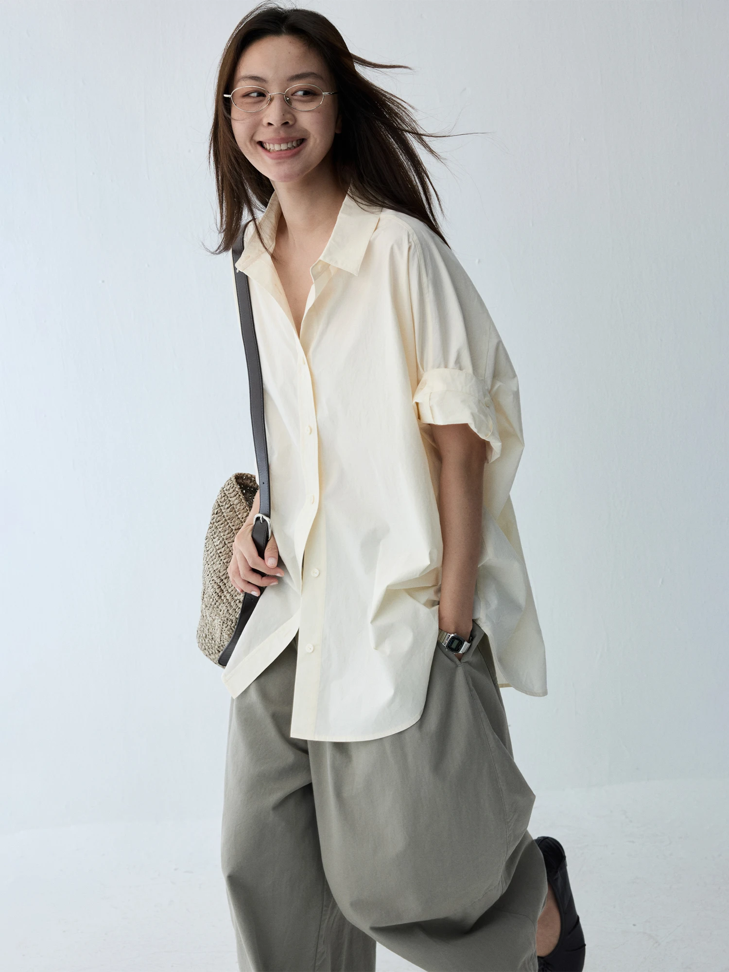 HaveRice Restaurant Cream Cotton Shirt Summer Loose Shoulder Two-Way Sleeve Short Sleeve Women's Shirt Minimalist Style Open ...