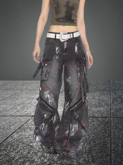 

Men And Women 2000s Heavy Industry Drag Pants Street Hip Hop Wide Leg Pants Y2K Harajuku Gothic Multi-Pocket Washed Black Jeans