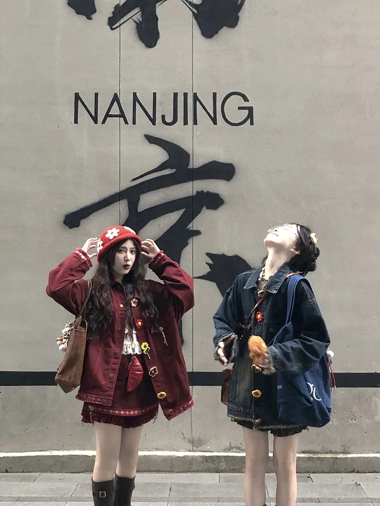 American Vintage Jean Jacket Women Long Sleeve Zipper Harajuku Safari Denim Short Coats 2000s Retro Clothing Outwear Chic