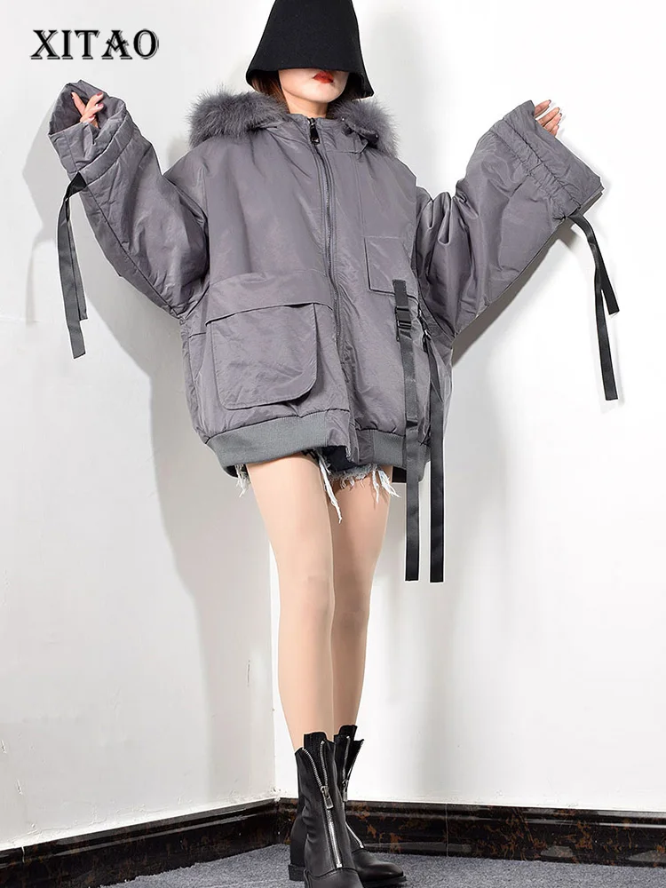 

XITAO зимнее пальто в корейском стиле, женская короткая парка с карманами и лентой, трендовые топы на молнии с капюшоном, свободная женская одежда XJ3234