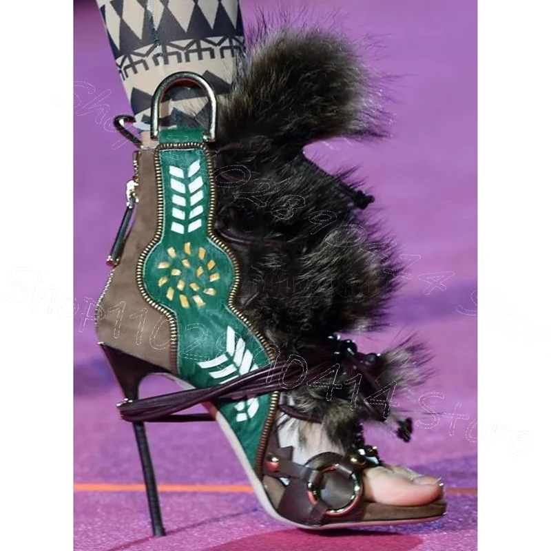 Braune Fell-Blattmuster Riemchen-Sandalen mit Offener Spitze und Reißverschluss Hinten Damenschuhe Dünner Hoher Absatz Party Laufsteg 2026 Zapatos Para Mujeres