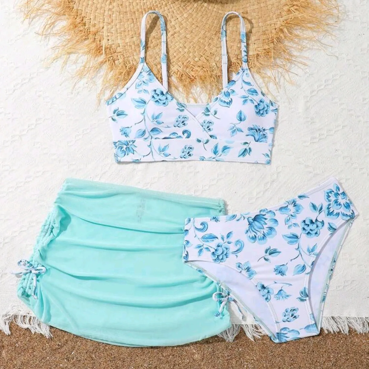 Set bikini per ragazze con stampa floreale da 3 pezzi Costume da bagno per bambini Gonne da spiaggia 7-12 anni Costumi da bagno per bambini 2025 Costume da bagno per ragazza adolescente