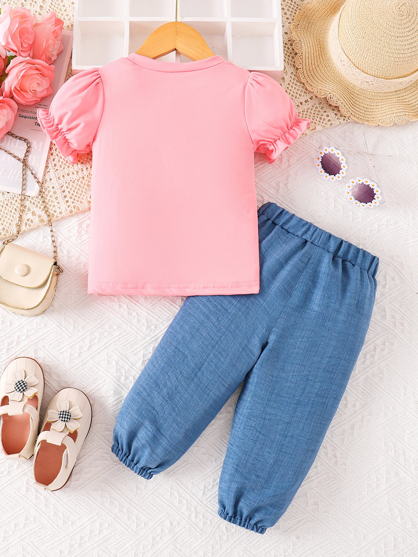 0-3yrs old Infant baby clothing sets pink Sleeping elephant fake jeans pants outfits sets for baby girl
