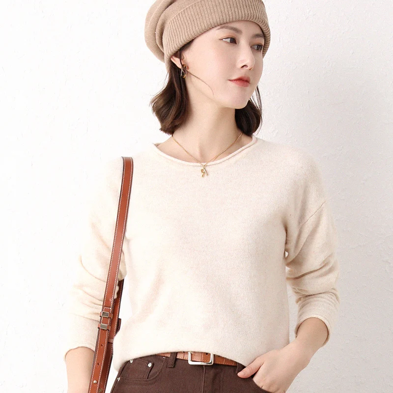 Pure Wool Women's Crew Neck Sweater Spring and Autumn Winter Basic Korean Knit Top Solid Color Pullover Sweater For Women