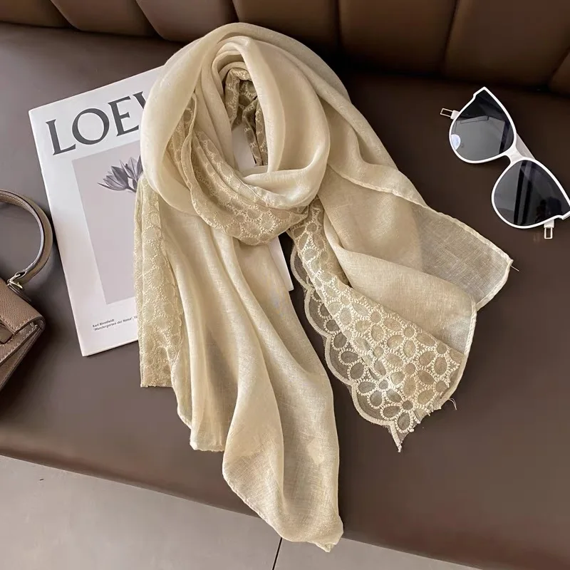 Linen Cotton Wrap shawl Women Scarf 2024 Spring Summer Thin Flod long Scarf Lace Contrast Color Female Head Neck Classic HIjab