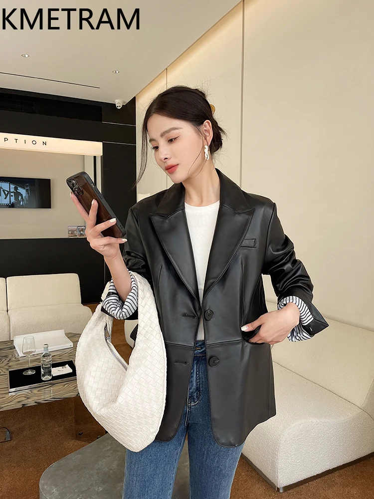 KMETRAM Naturalna Skórzana Kurtka Damska z Naturalnej Skóry Owczej Wysokiej Jakości Czarna Krótka Prawdziwa Skórzana Kurtka Damska Płaszcz Jesień 2025